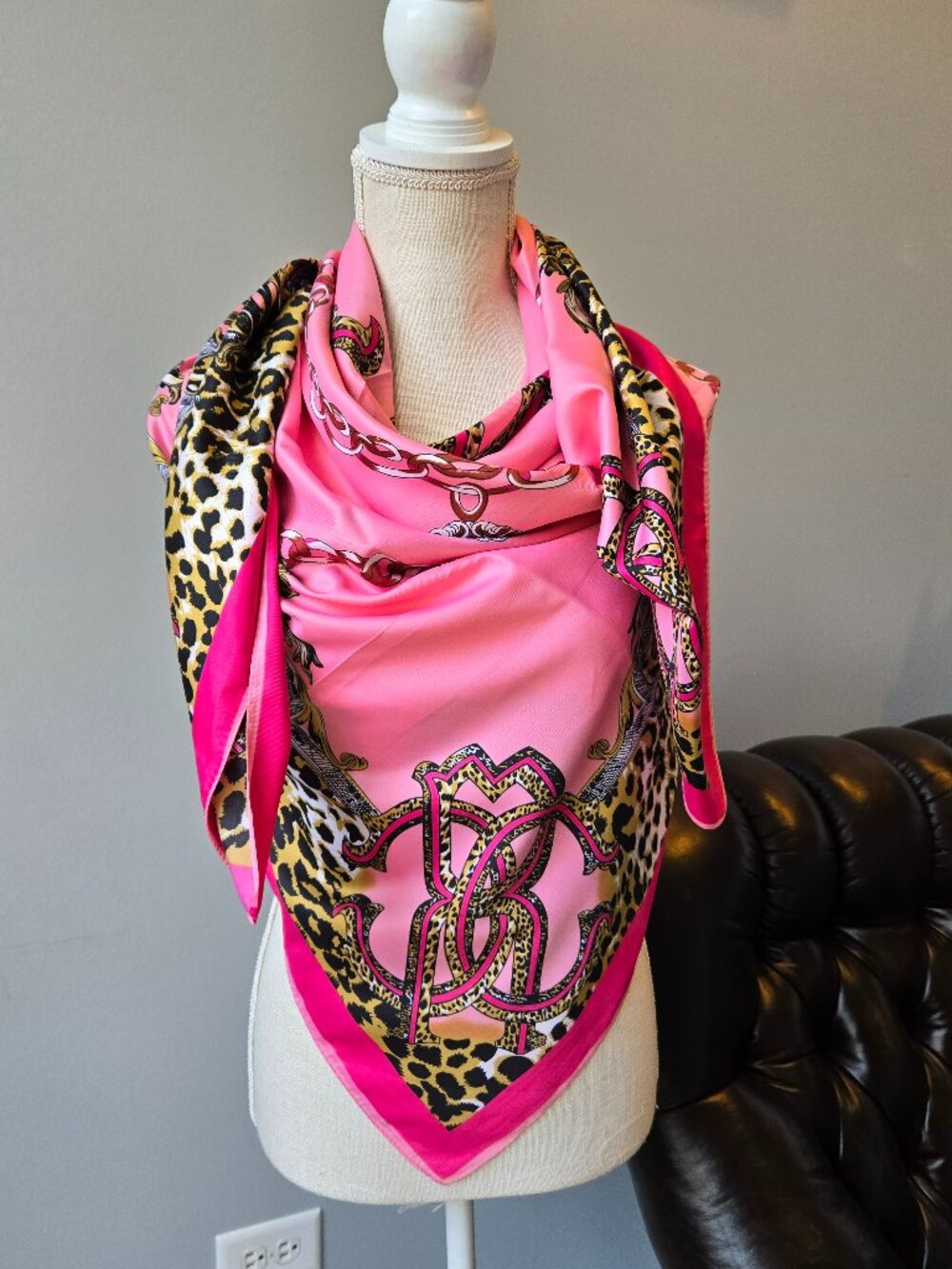 Luxurious Designer Inspired Pink Animal Print Patterned Silk Scarf, 51X51 inch